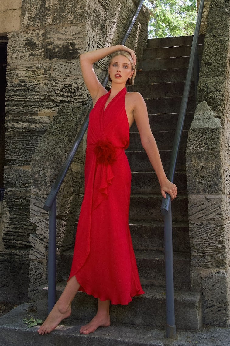 Haute Hippie - Strawberry Red Silk Gown With Floral Detail