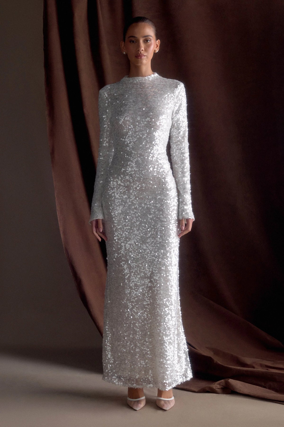 White Sequin Openback Gown