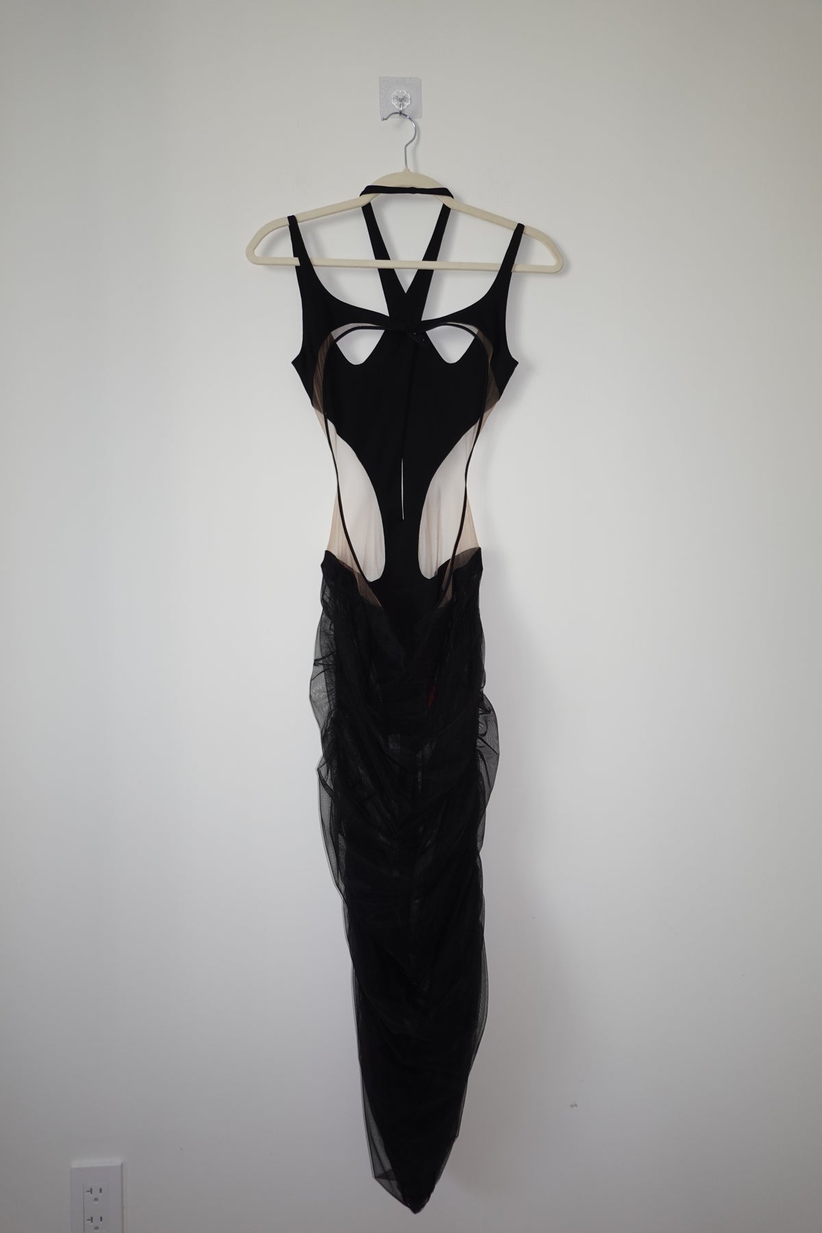 Mugler - Black Sheer Panel Cutout Detail Midi Dress