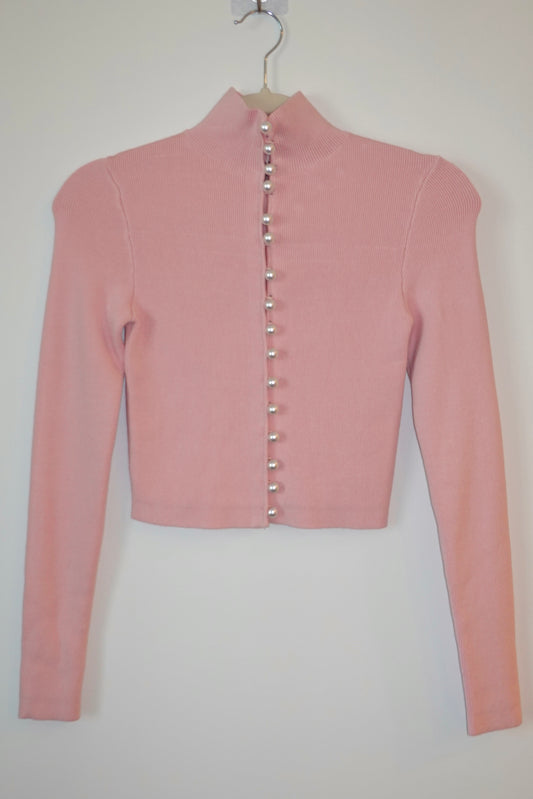 Naked Wardrobe - Pink Knit Pearl Button Turtleneck Top