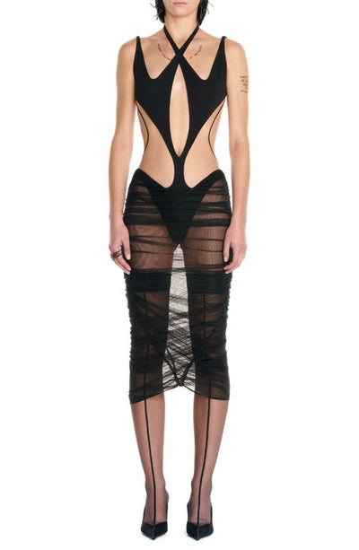 Mugler - Black Sheer Panel Cutout Detail Midi Dress