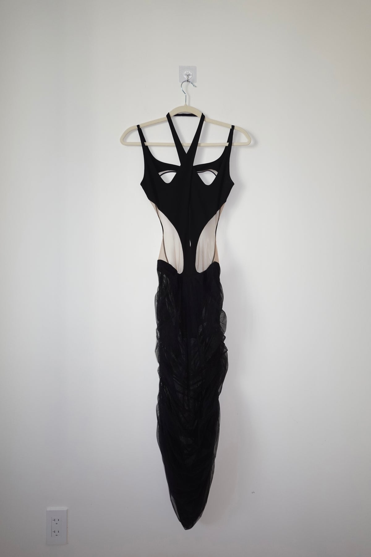 Mugler - Black Sheer Panel Cutout Detail Midi Dress