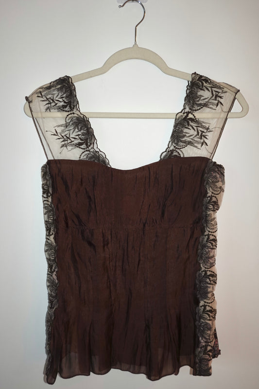 Saona - Brown Silk & Lace Top