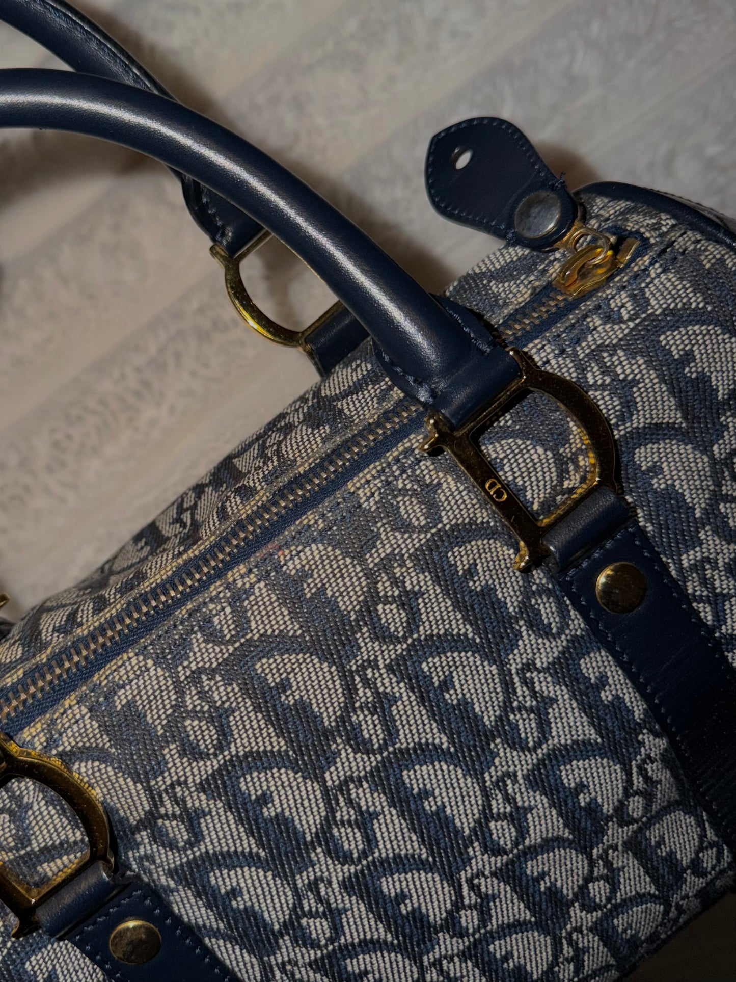 Vintage Galliano Dior - Dior Trotter Canvas Boston Bag in Navy
