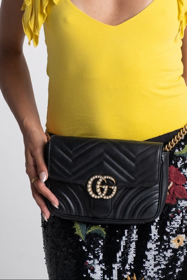 Gucci - Calfskin Matelasse Pearly GG Marmont Chain Belt Bag Black