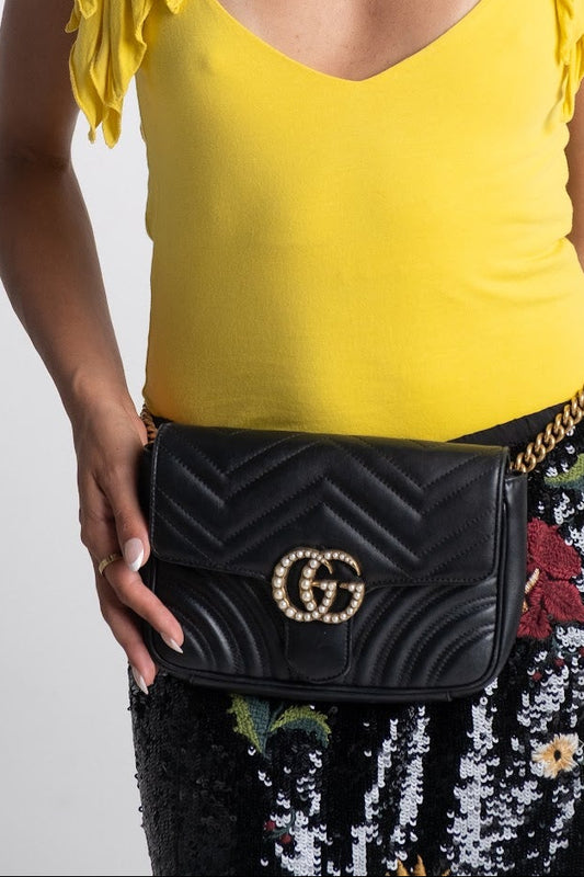 Gucci - Calfskin Matelasse Pearly GG Marmont Chain Belt Bag Black