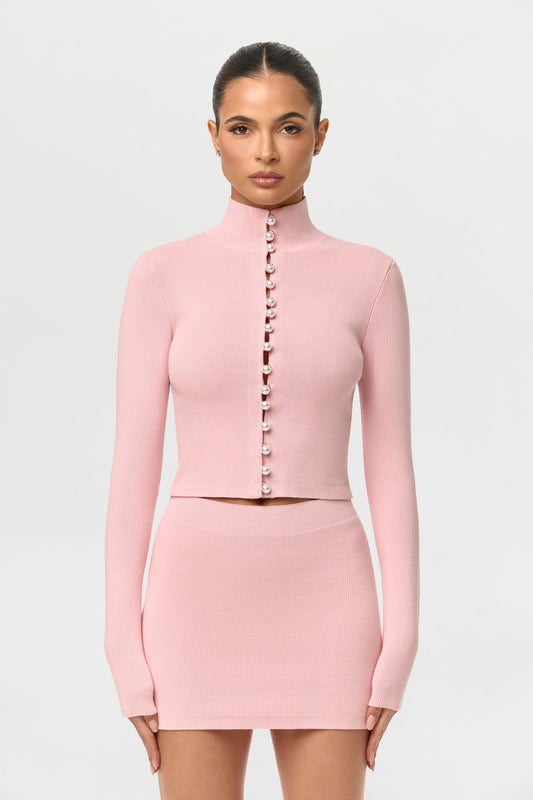 Naked Wardrobe - Pink Knit Pearl Button Turtleneck Top