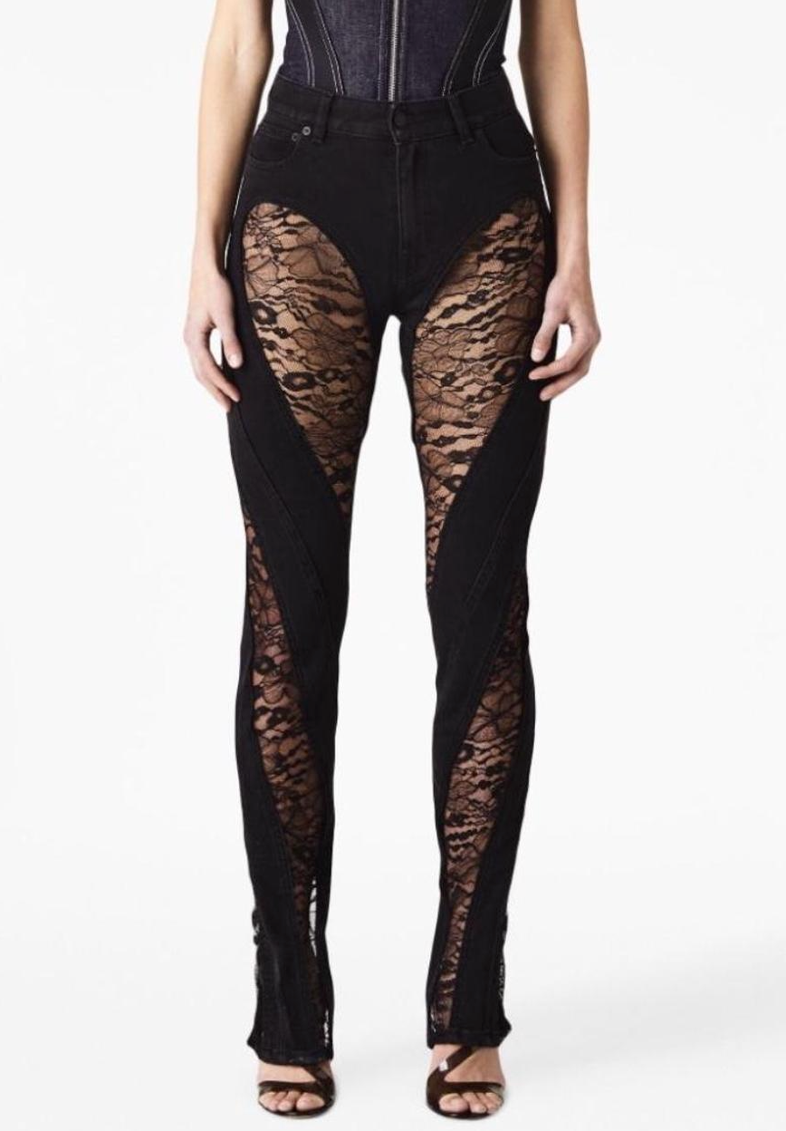 Mugler Lace Trim Black Denim Pants