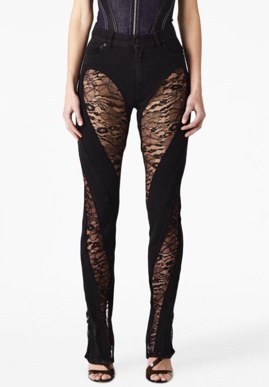 Mugler Lace Trim Black Denim Pants