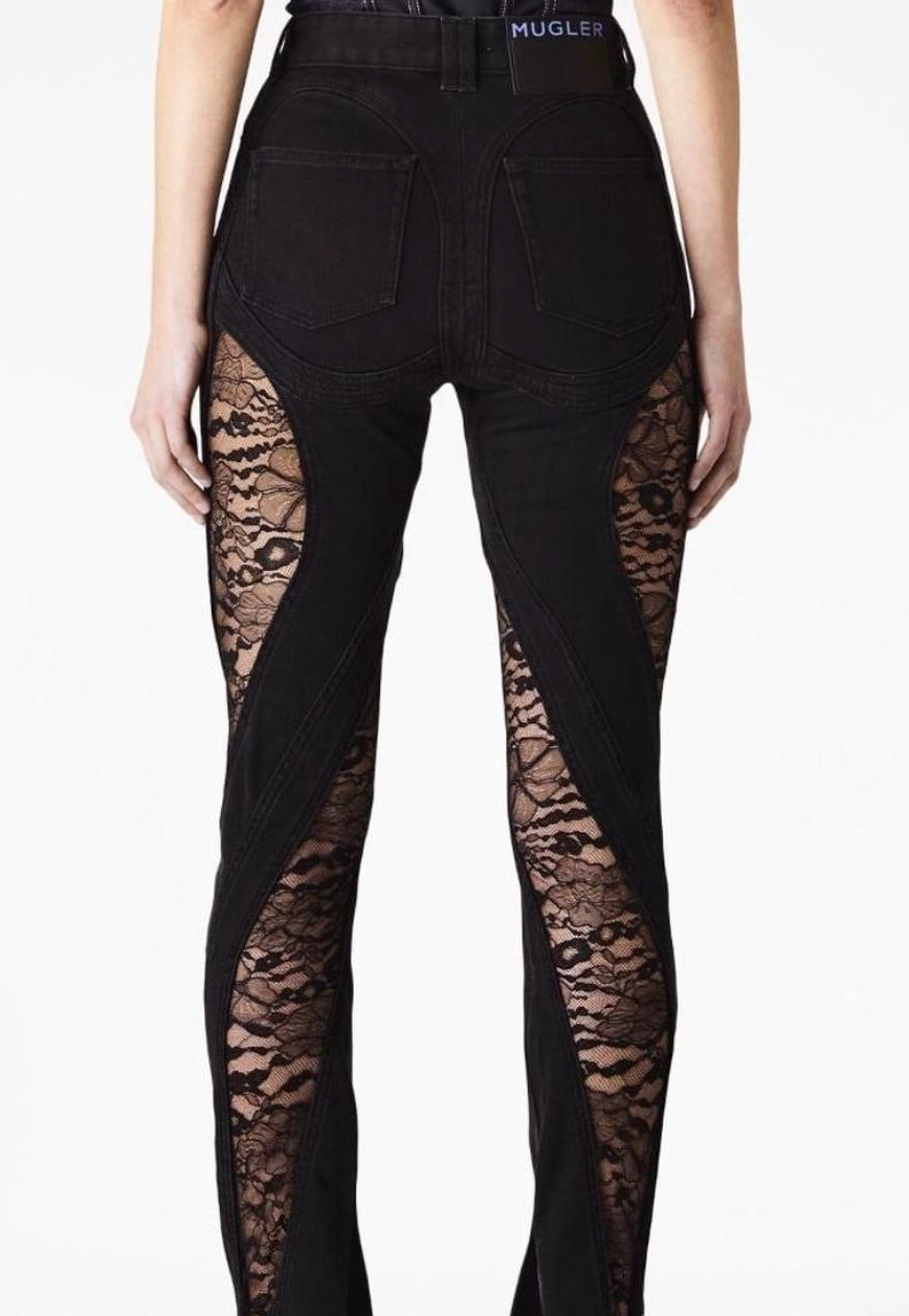 Mugler Lace Trim Black Denim Pants
