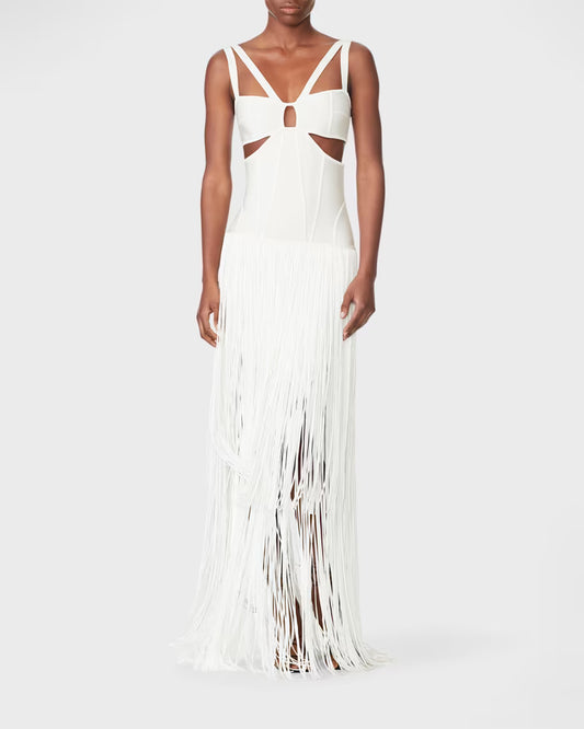Herve Leger Ivory Fringe Gown